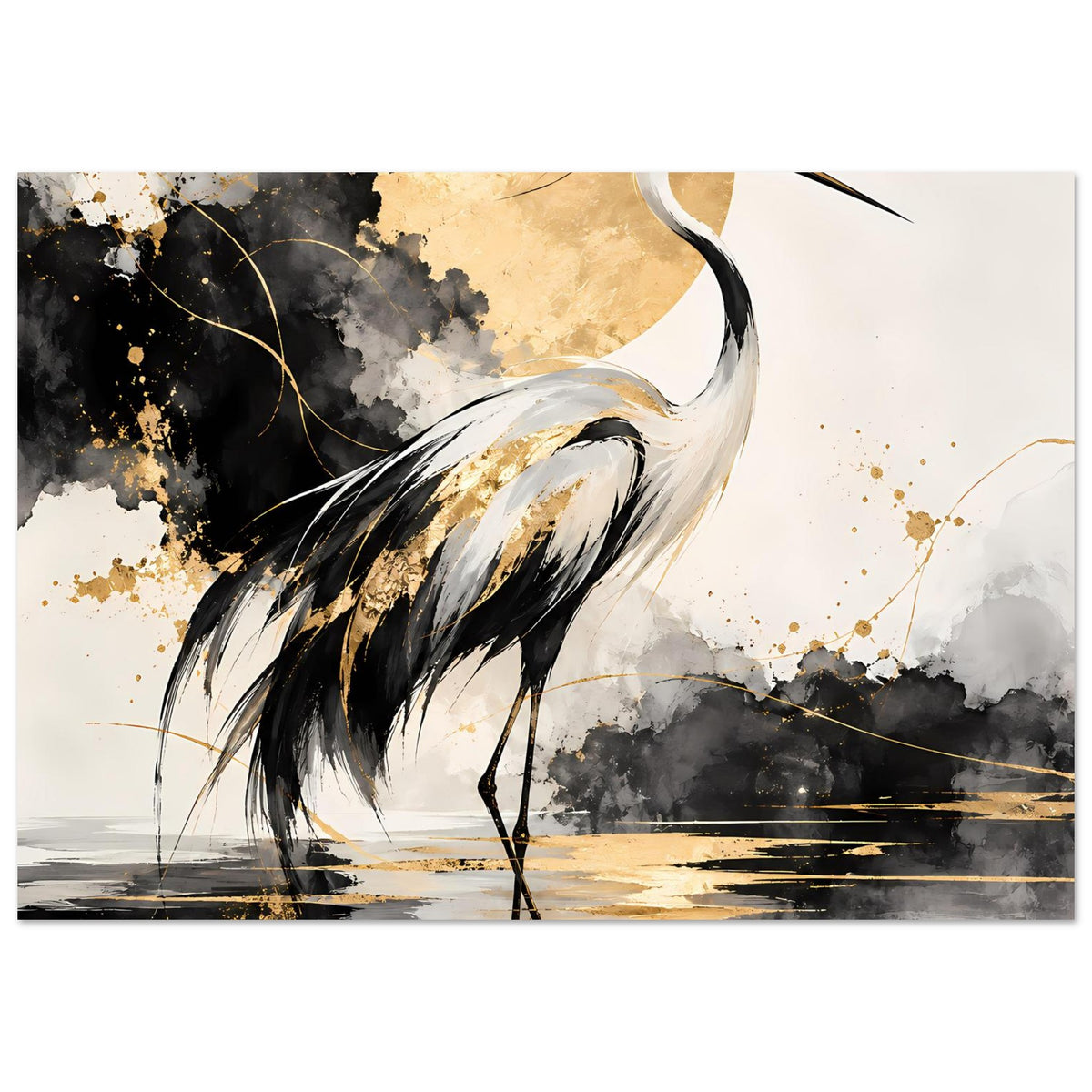 Vogelposter: Kranich in Schwarz und Gold mit goldenen Sprenkeln und Wasserreflexion