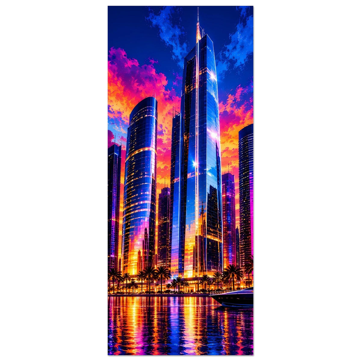 Vertikales Stadtposter mit hoher Skyline und Farbwolken am Sonnenuntergang