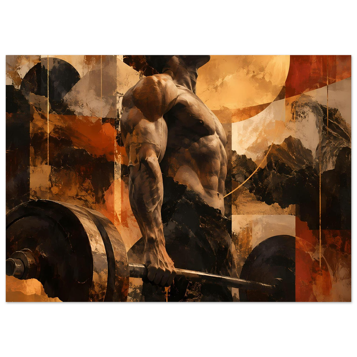 Fitness-Artposter: Hund beim Stemmen, Hantelstange im Vordergrund, erdige Farbflächen