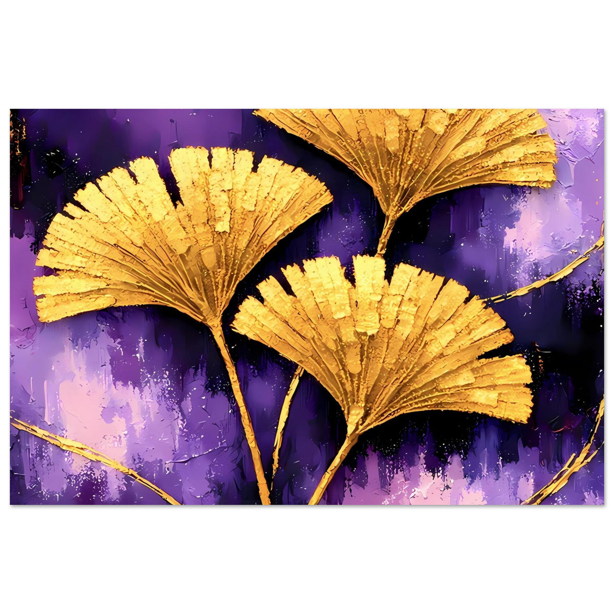Horizontales Poster mit goldenen Ginkgo-Blättern auf violettem Farbverlauf, mit Linien