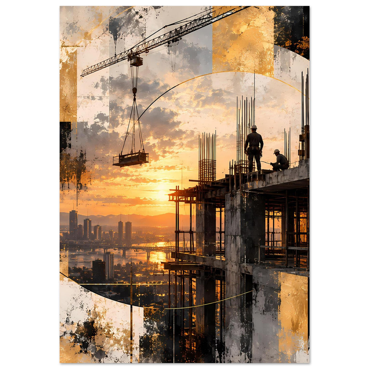 Abstraktes Baukunst-Poster mit Sonnenuntergang, Brückenbogen und Hochbau