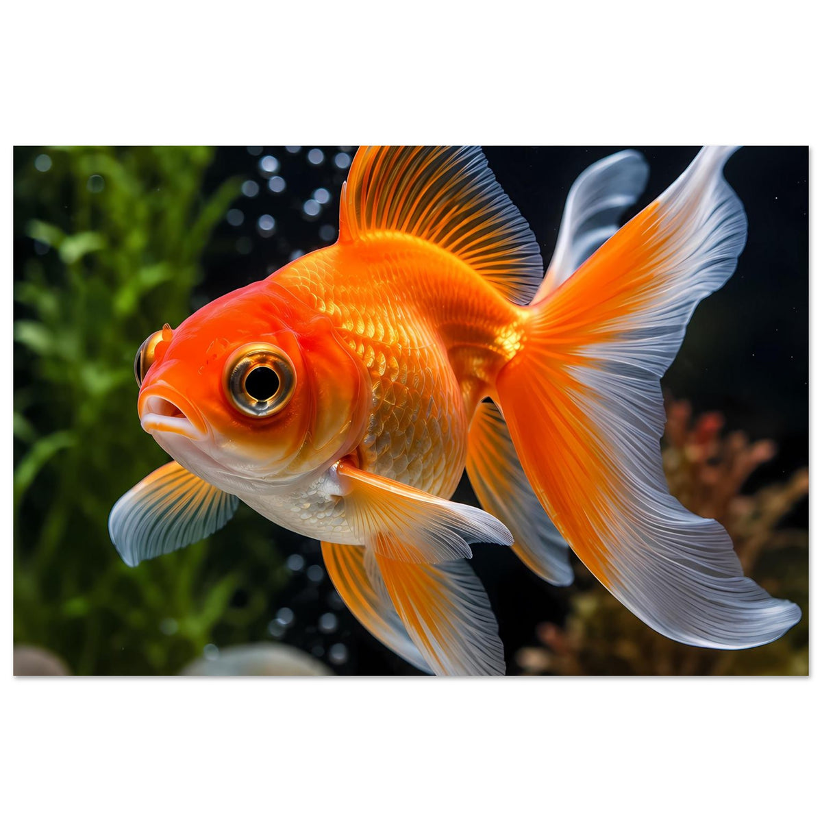 Goldfisch-Poster: orangefarbener Zierfisch mit weißen Flossen, mittig im Bild.
