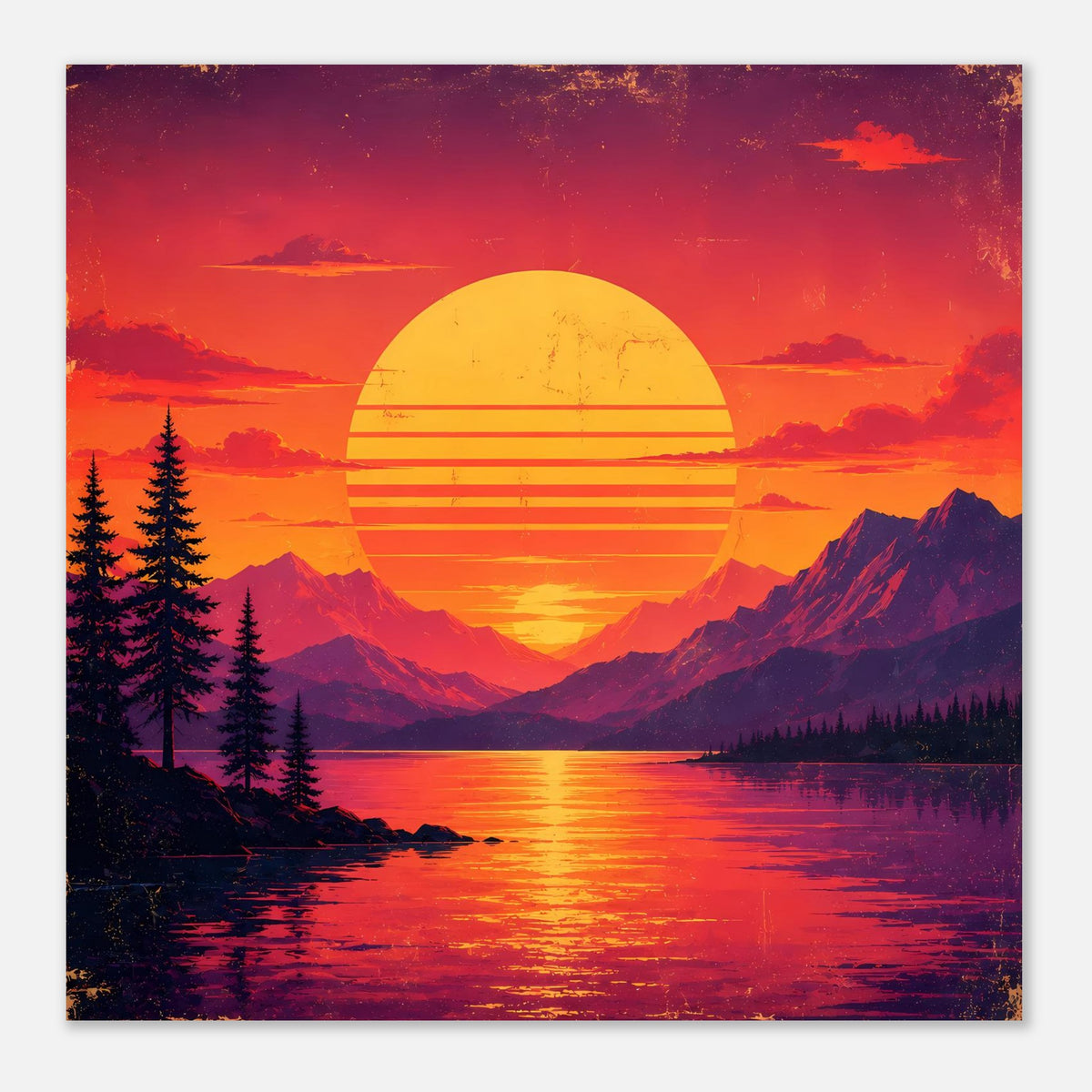 Nahere Posteransicht: Retro Sonnenuntergang über See, gelbe Sonne, Tannen, violette Berge.