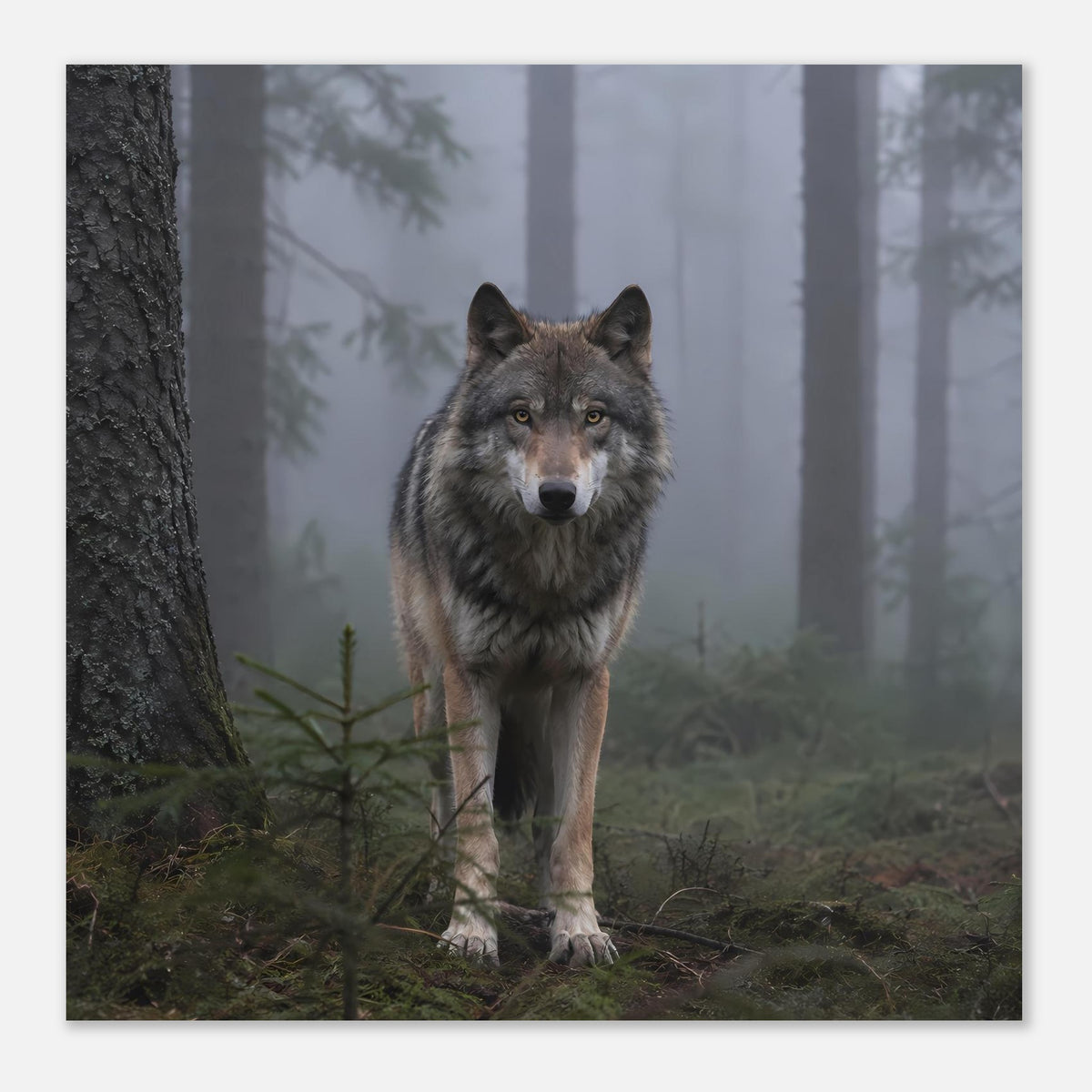 Poster mit grauem Wolf im Nebelwald, Wolf zentriert, Baum links