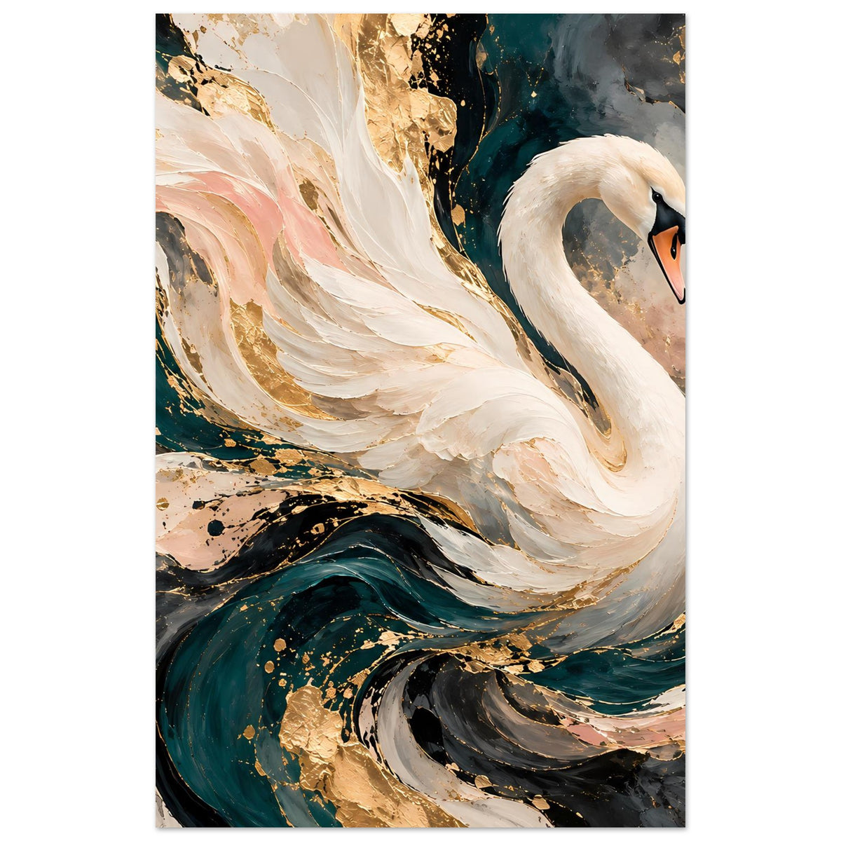 Hochkant-Kunstposter: weißer Schwan auf abstrakten gold-türkisen Farbfeldern