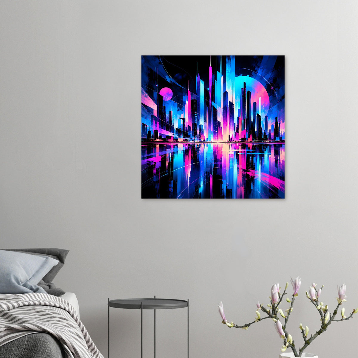 Kleines Neon-Stadtlandschafts-Poster, quadratisch, blaue und pinke Skyline