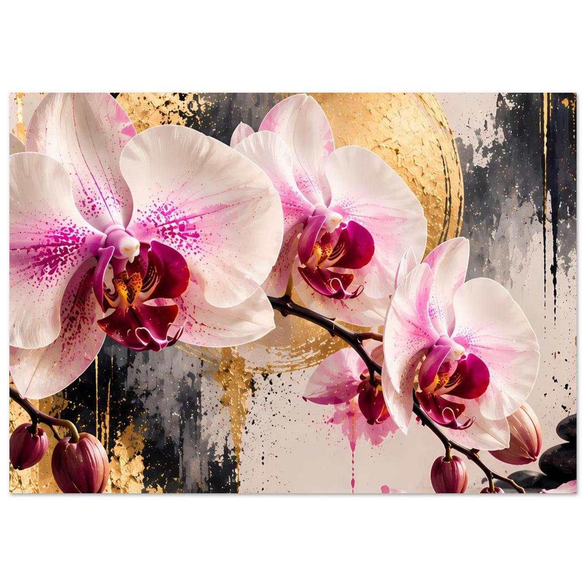Orchideen-Poster mit großen weißen Orchideen und pinken Details, goldene Akzente seitlich