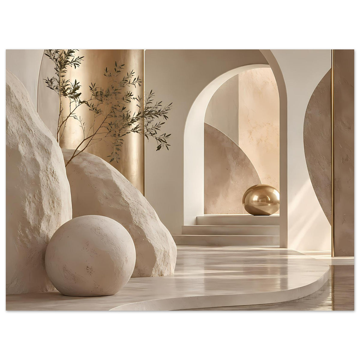 Architekturposter im warmen Sand- und Goldton mit Bögen, Steinobjekt und Pflanzenmotiv.