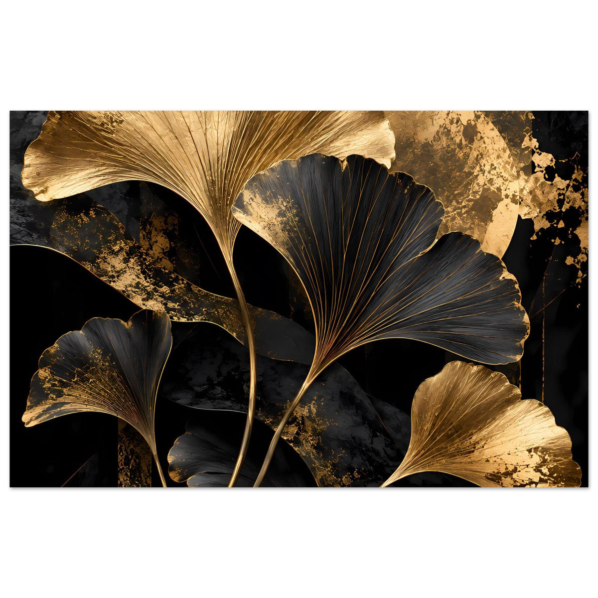 Botanisches Poster im Querformat mit goldenen und schwarzen Ginkgo-Blättern