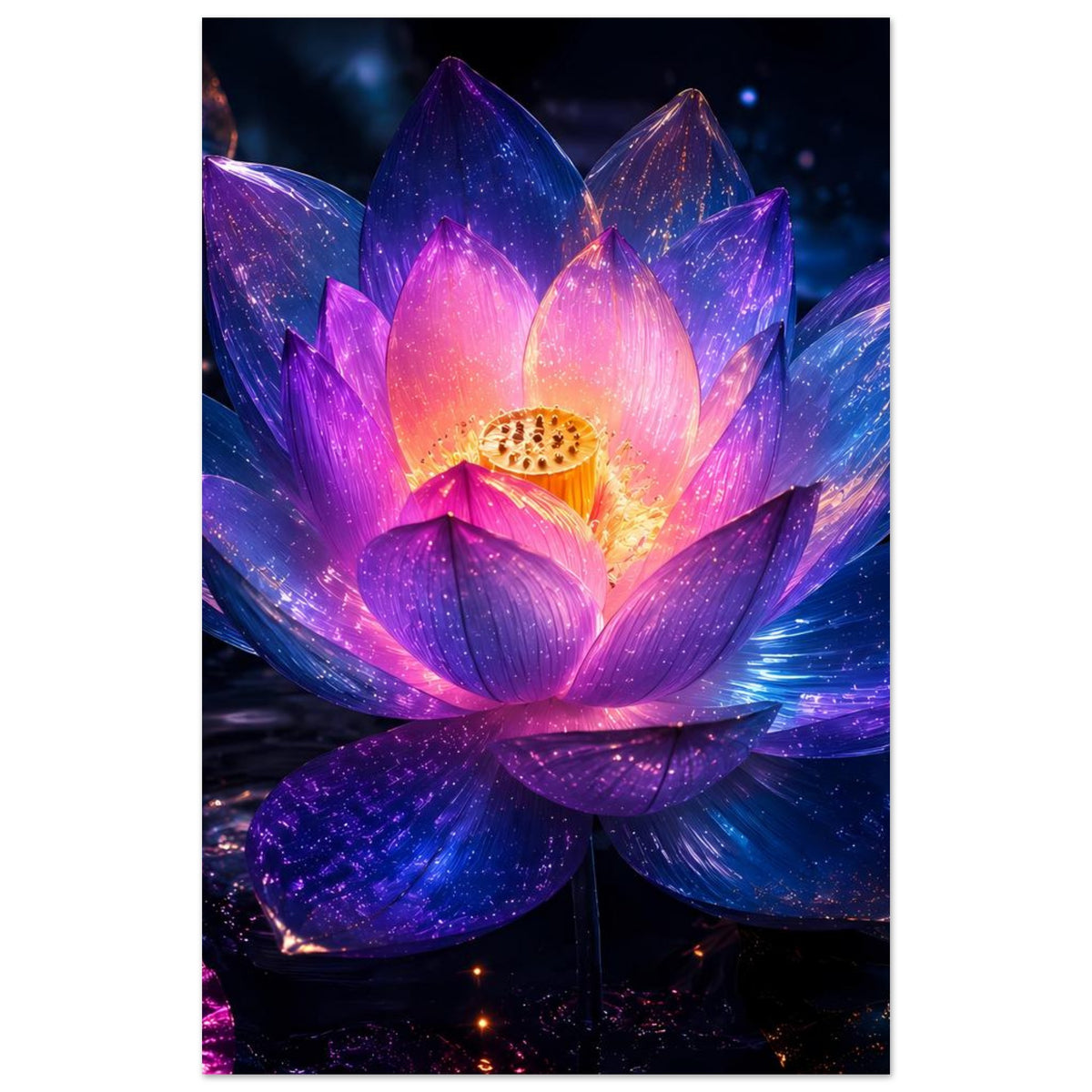 Vertikales Lotusblumen-Poster mit leuchtendem Blütenkern und violetten Blättern