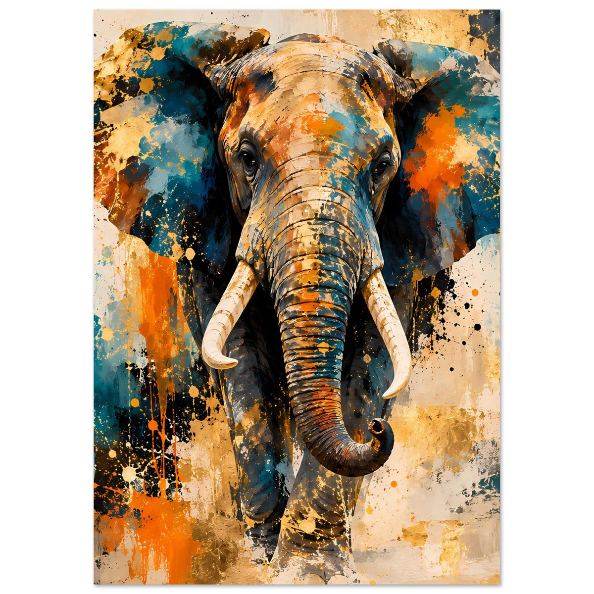 Elefanten-Poster im Hochformat, zentrierter Elefant mit abstraktem Farb-Spritzmuster in Blau