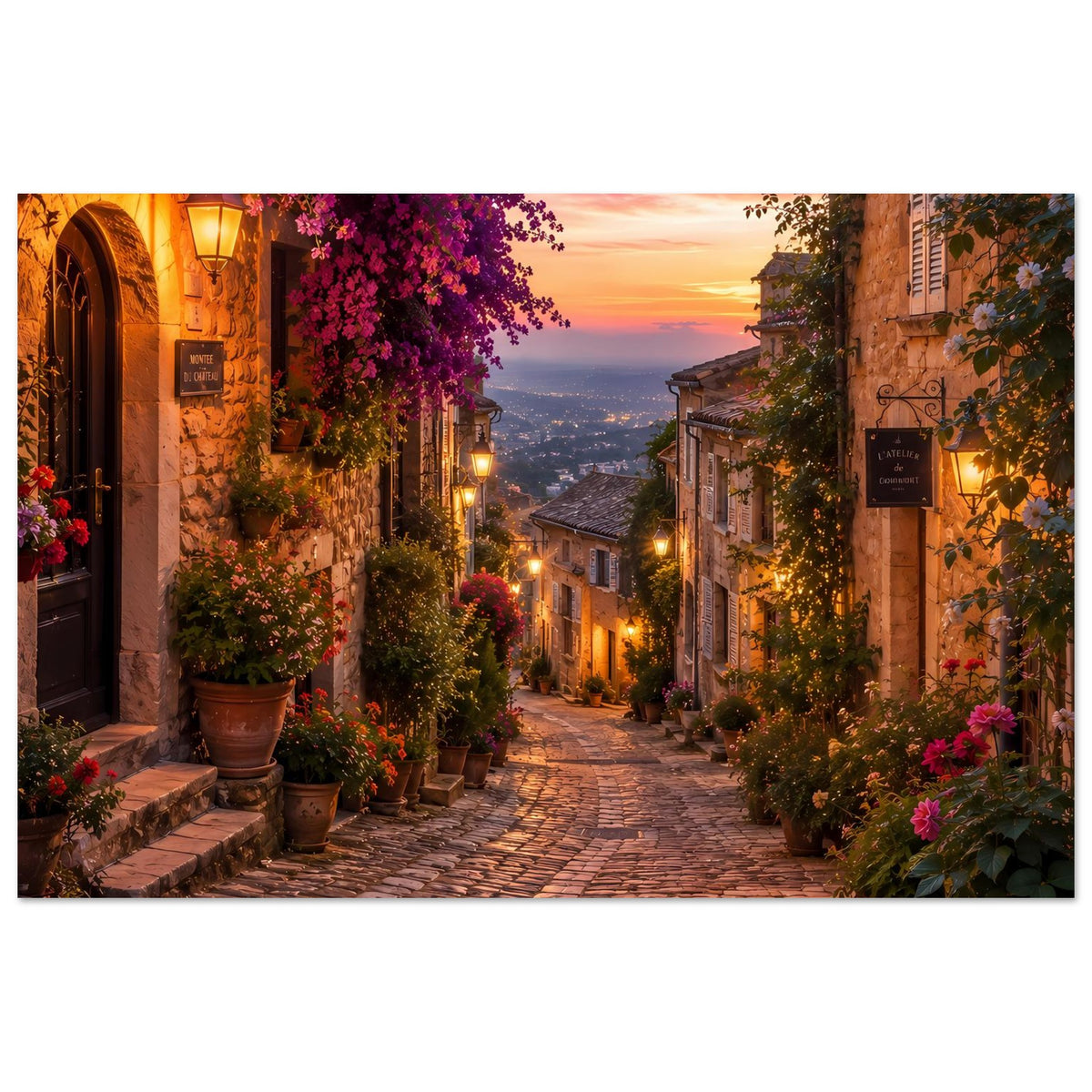 Poster mit Gasse bei Sonnenuntergang, Laternen, Pflanzen und Kopfsteinpflaster (quer)