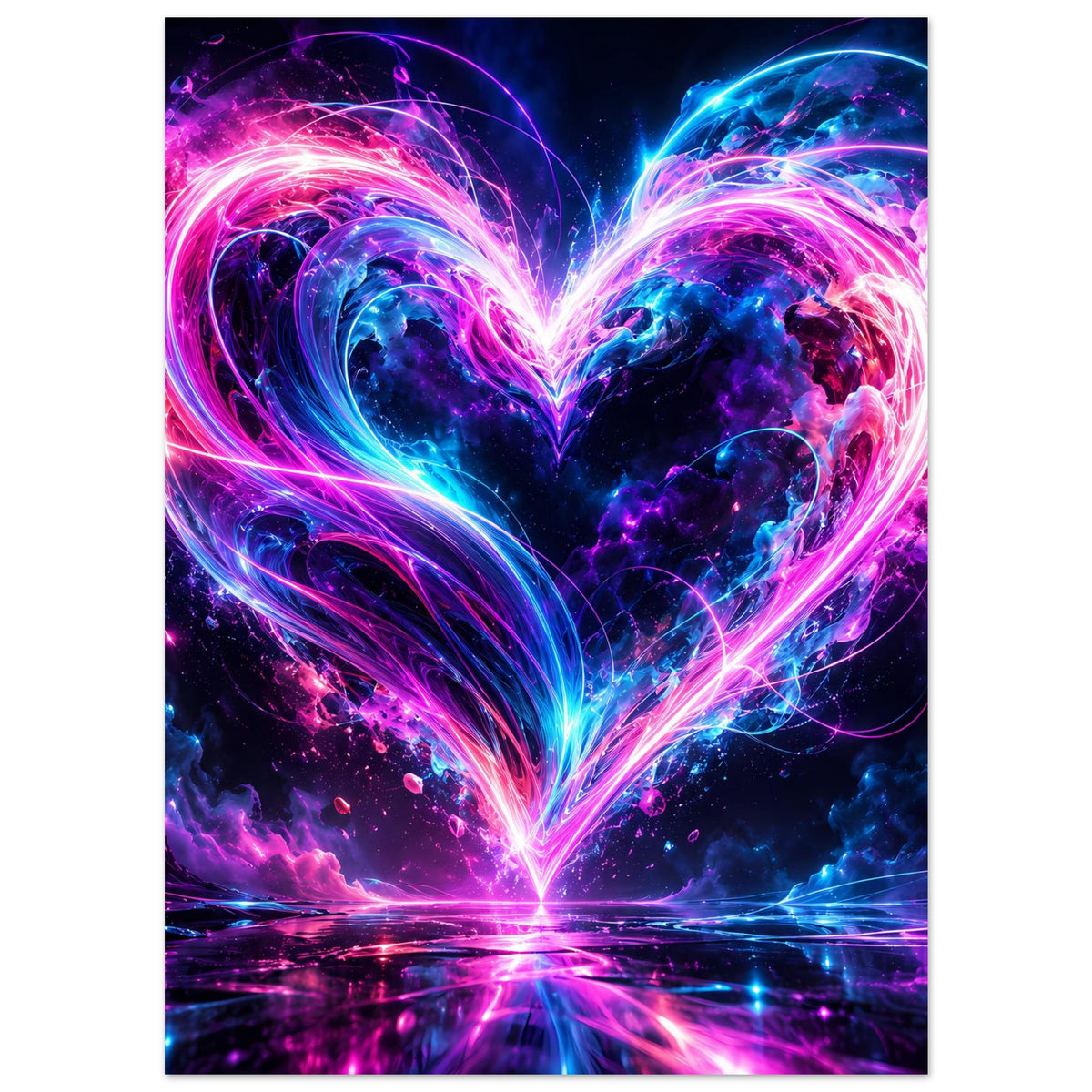 Neon-Herz Poster mit rosa und blauen Neonlinien, leuchtende Herzform im Zentrum