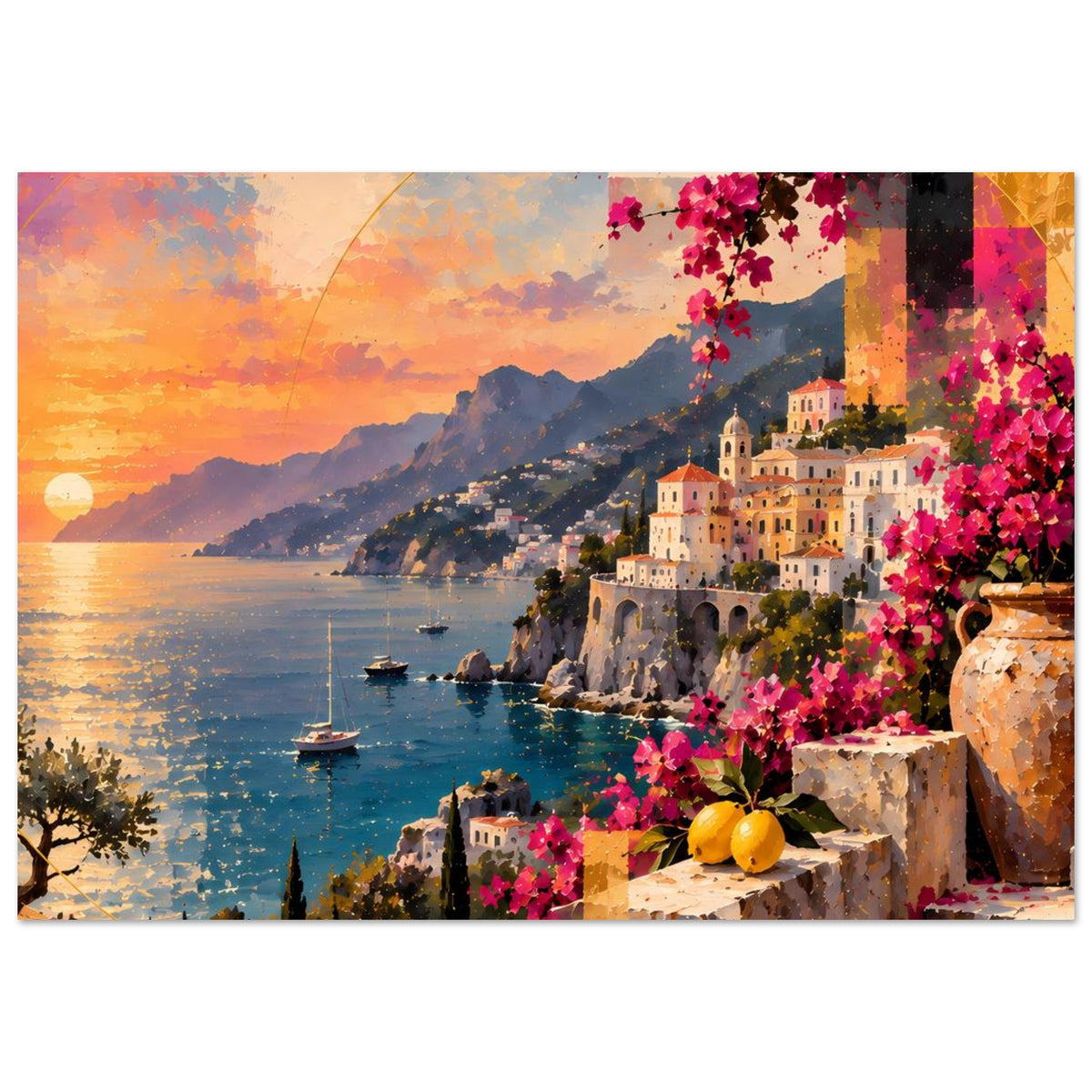 Poster mit mediterraner Küste, rosa Bougainvillea und Stadt am Hang im warmen Abendlicht