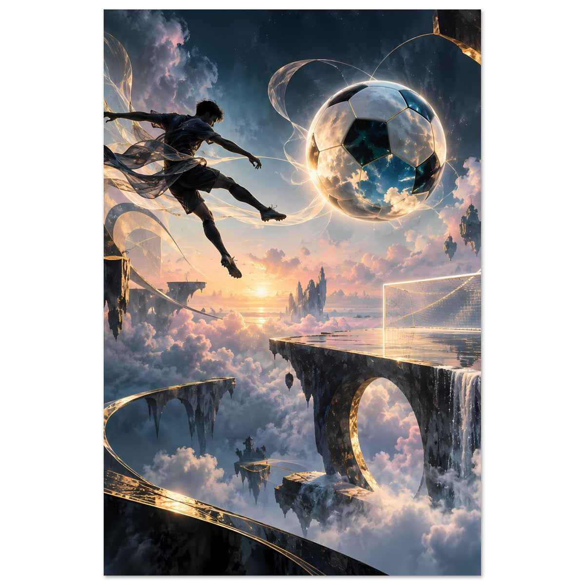 Hochformat-Fußball-Poster mit futuristischem Ballglühen, fliegendem Spieler und Torrahmen über Wolken.