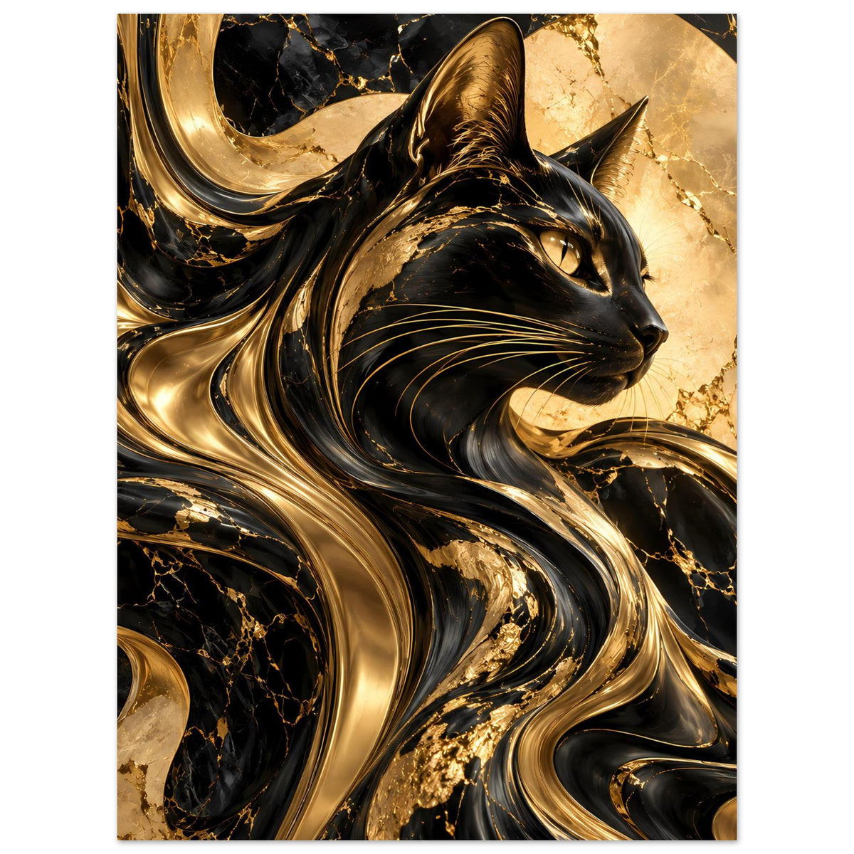 Poster mit sitzender Katze im Gold-Schwarz-Marmor-Look, Hochformat