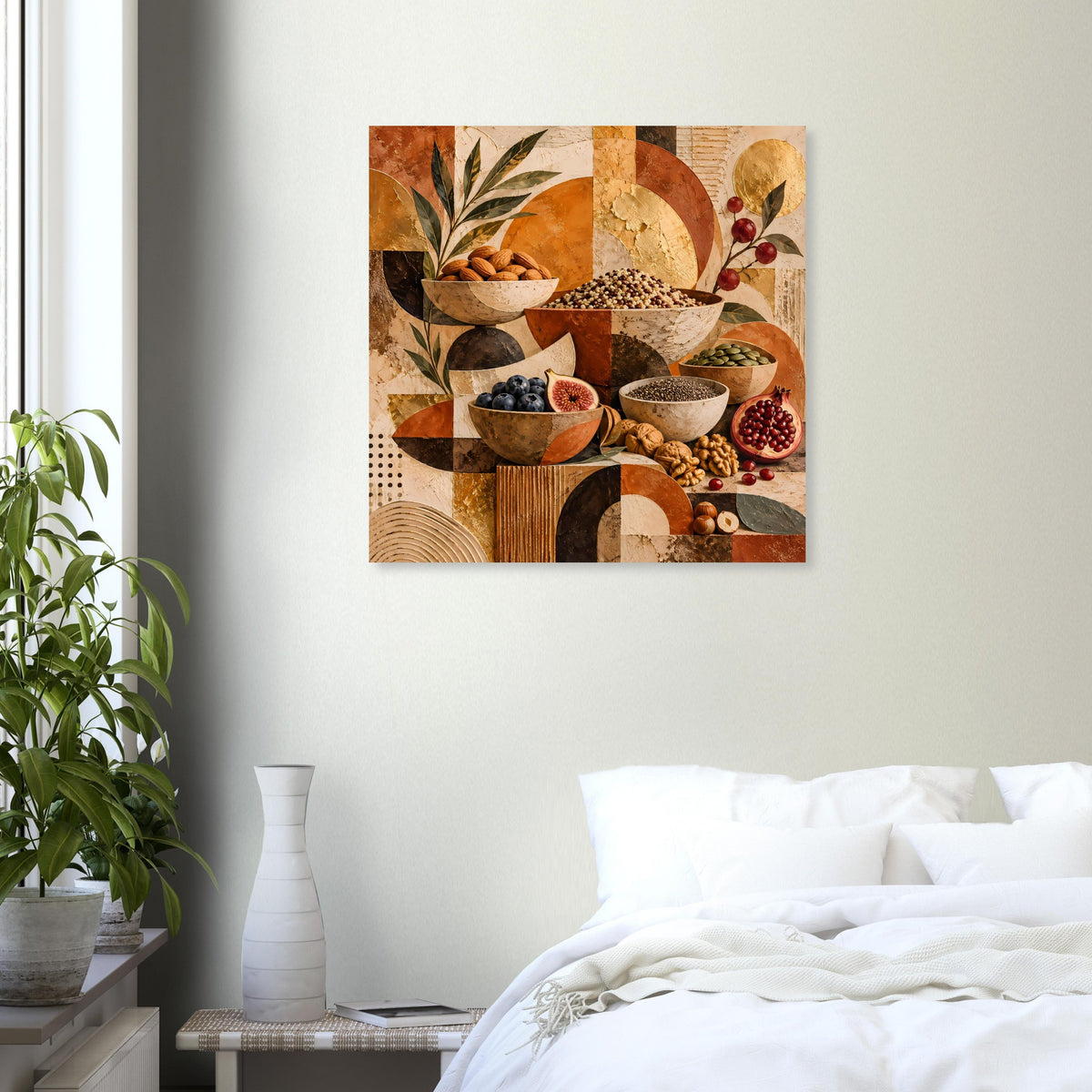 Poster mit warmen Erdtönen, Schalen und Pflanzenmotiven in abstrakter Collage