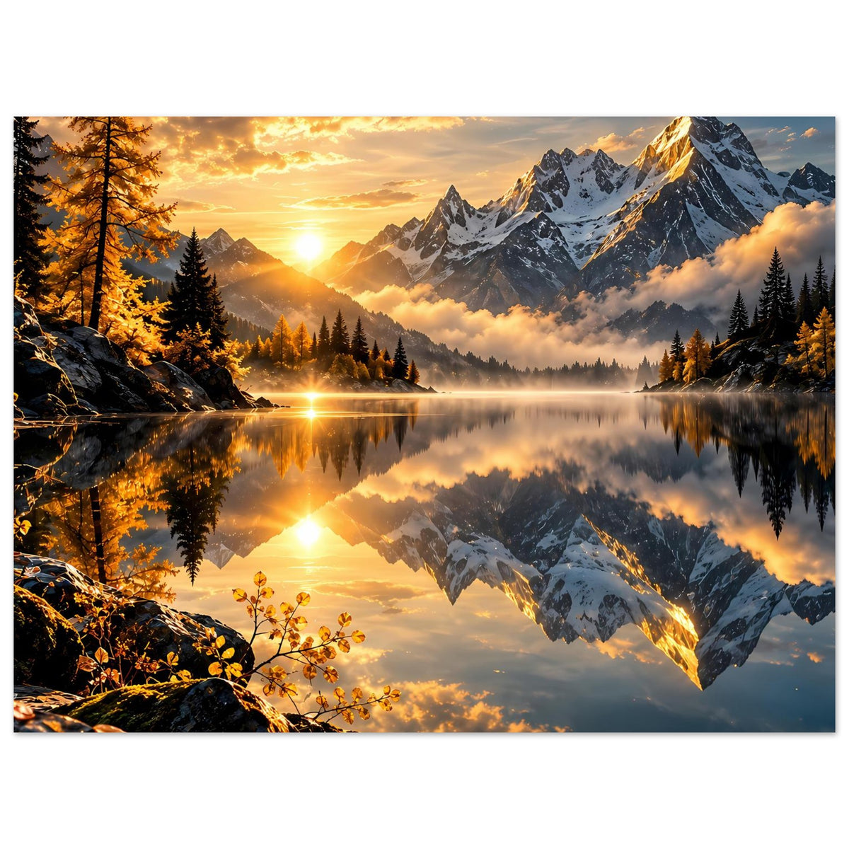 Hochformat-Poster mit Alpenberg-See bei Sonnenaufgang und spiegelnder Bergkulisse