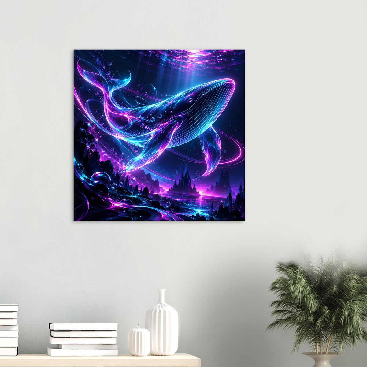 Quadratisches Poster mit leuchtendem Neon-Wal in Blau und Pink, Unterwasser-Szene, schwarz gerahmt