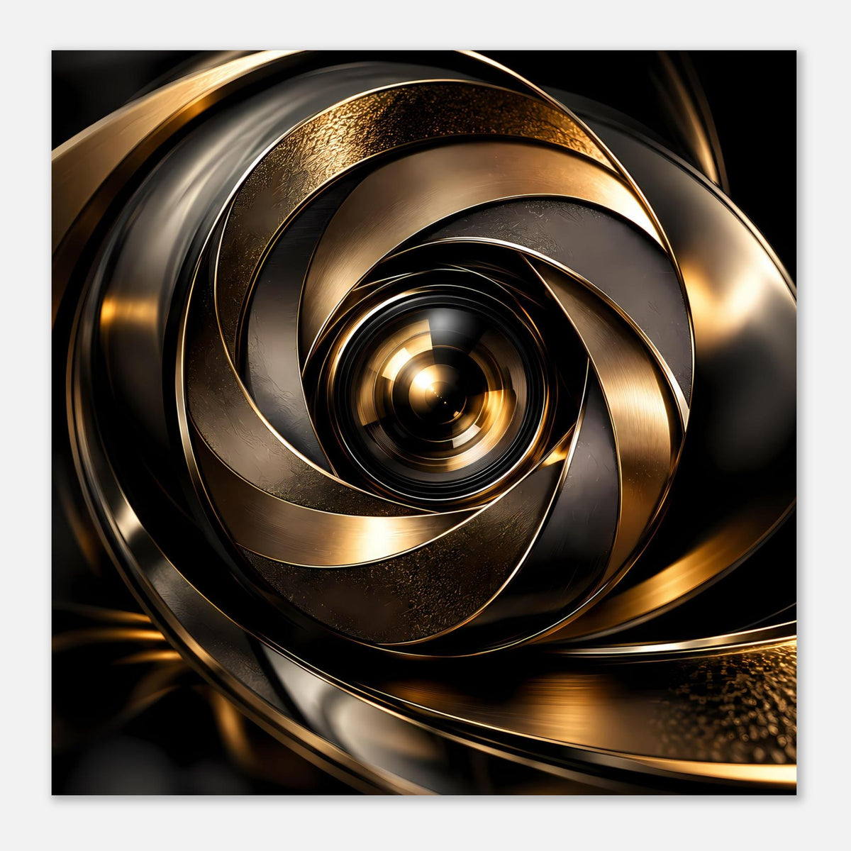 Abstraktes Poster im Querformat: goldene Spiralringe mit silbrigen Akzenten auf Dunkel