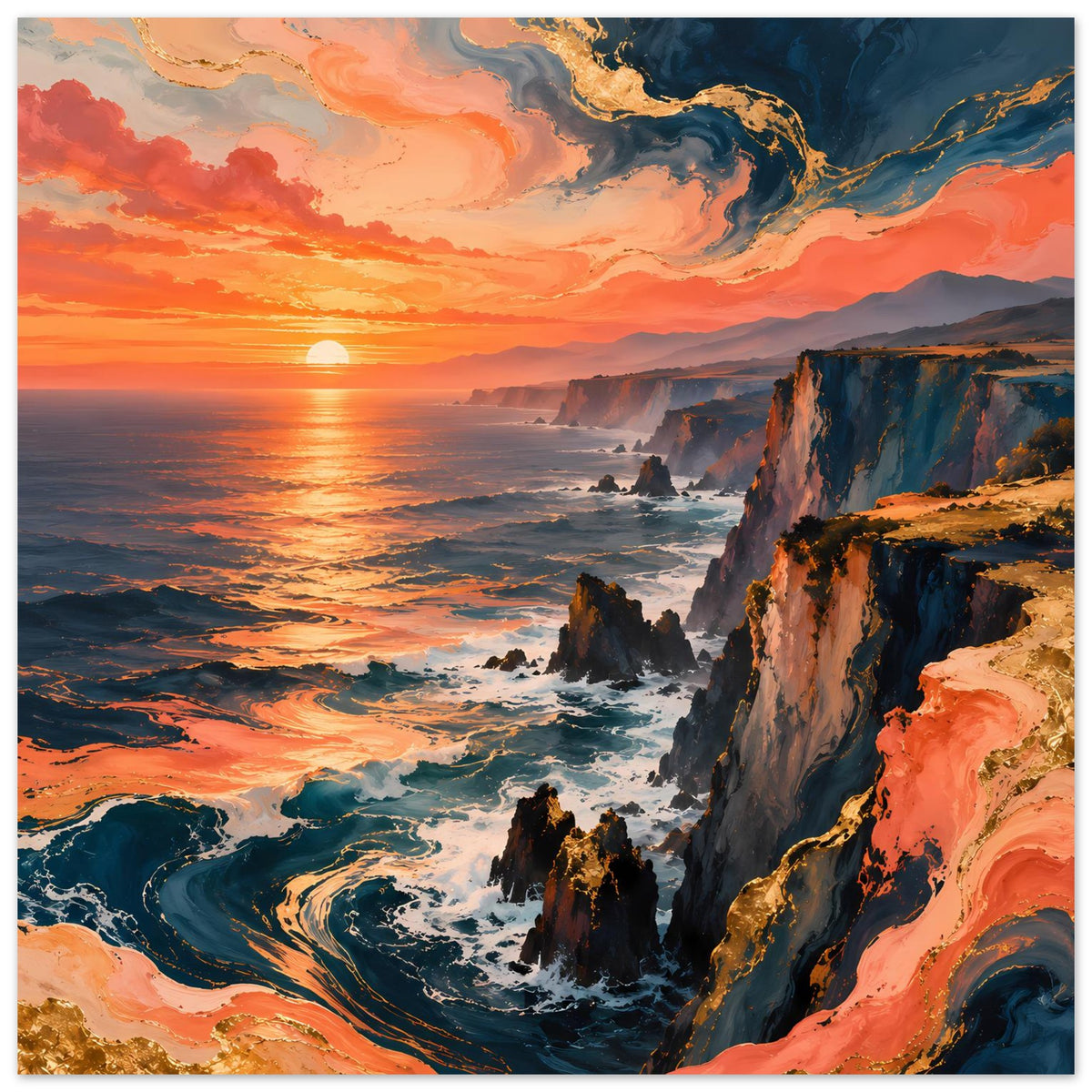 Wandposter mit Sonnenuntergang an den Klippen, Meerwellen und kräftigen Orange-Blau-Tönen (quadratisch)