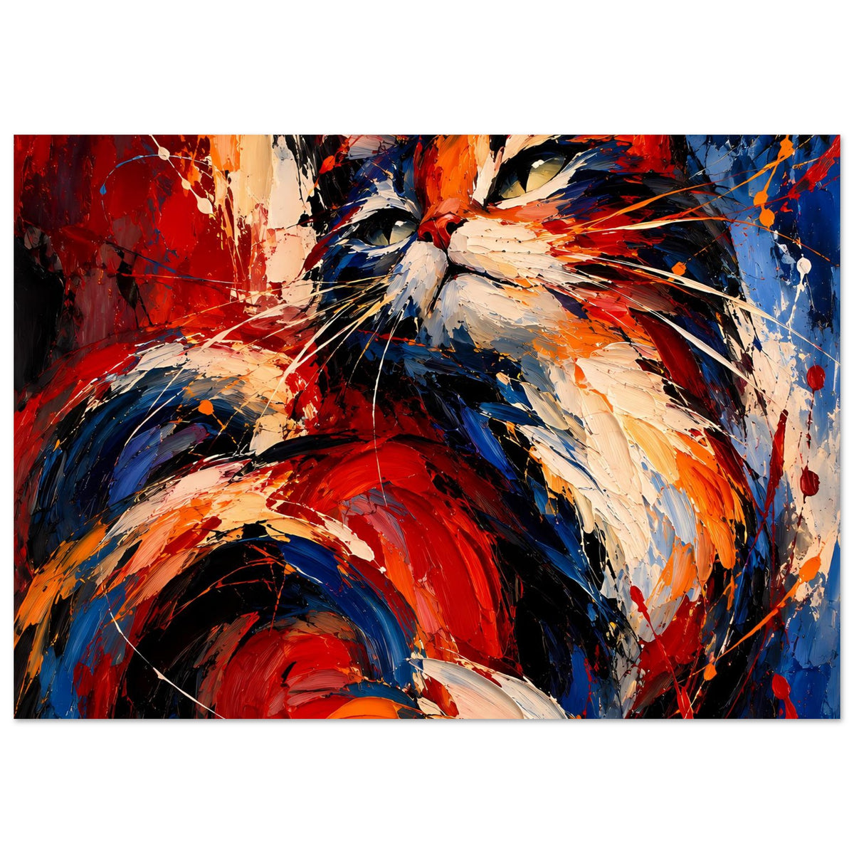 Abstraktes Katzenposter mit kräftigen Pinselstrichen in Rot, Blau, Orange und Creme