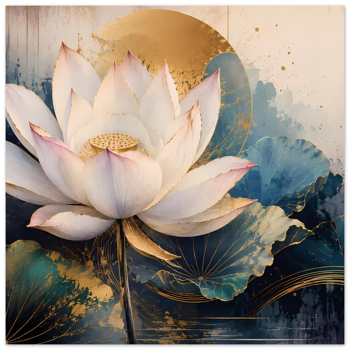 Lotusblumenposter mit drei Lotusblättern, weißer Blüte, goldenen Linien und blauem Farbverlauf