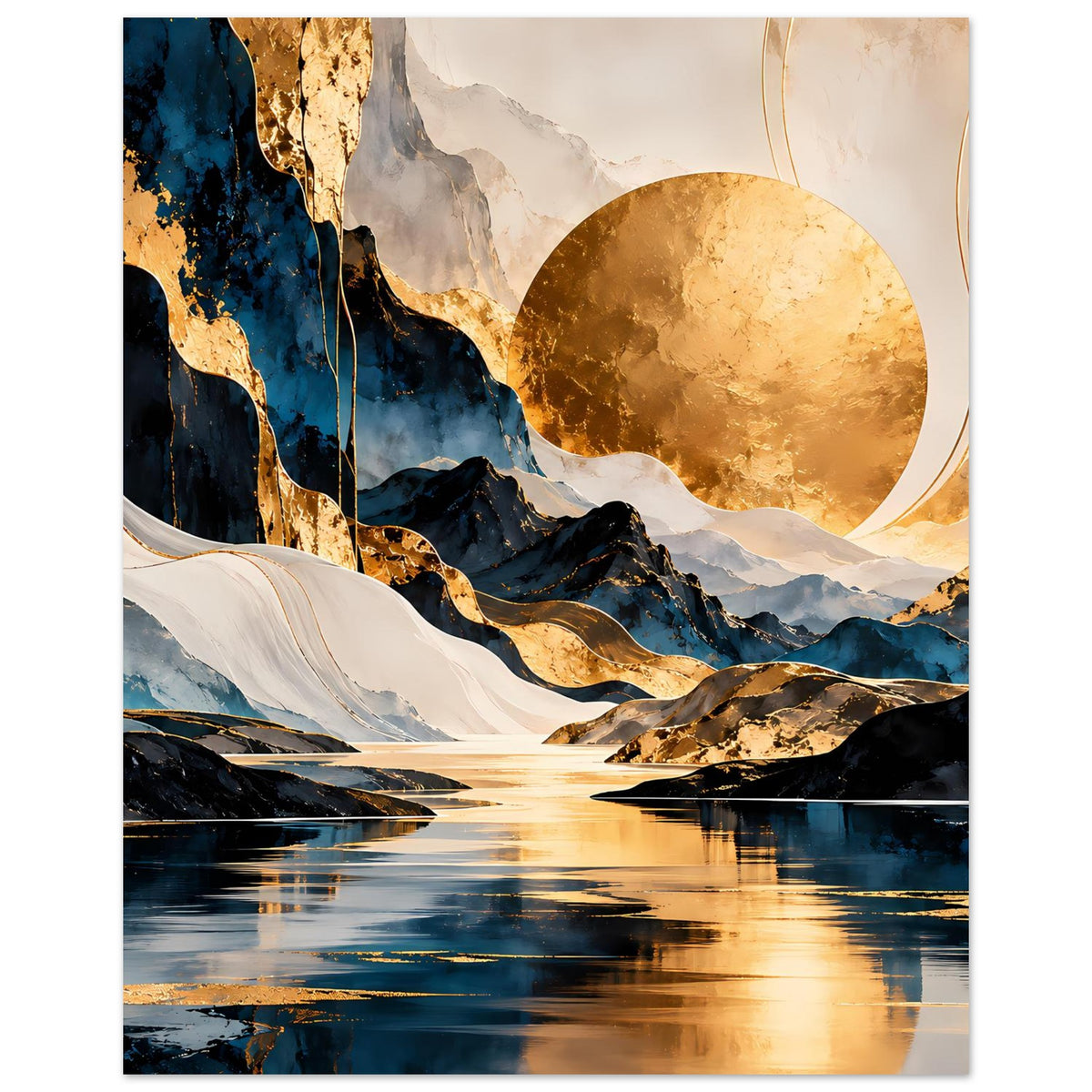 Abstrakte Berglandschaft auf Kunstposter: Goldmond, weiße Partien und See-Reflexion