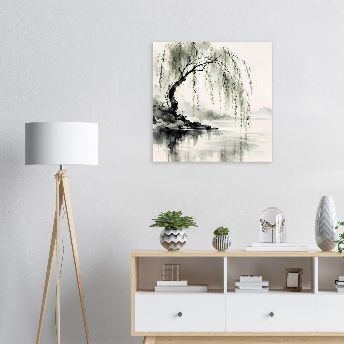 Naturposter mit Weidenbaum und hängenden Zweigen, Wasserreflexion, monochrome Grau-Grün