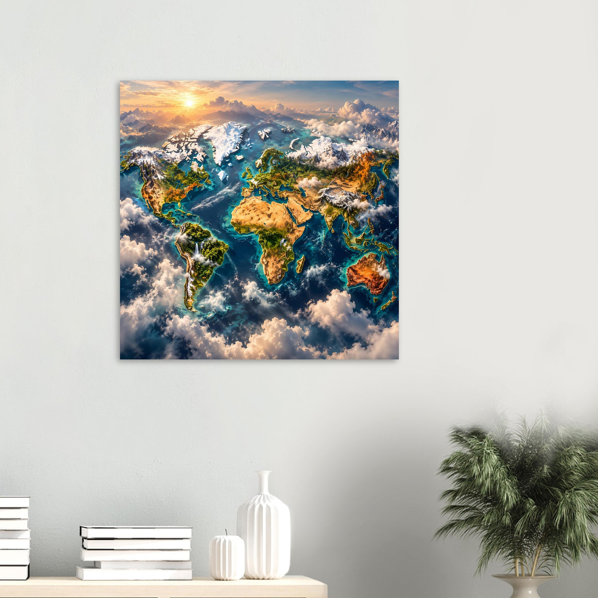 Weltkarten-Poster mit Weltkarte in Blaugrün, Kontinenten in Grün/Braun und Sonnenaufgang