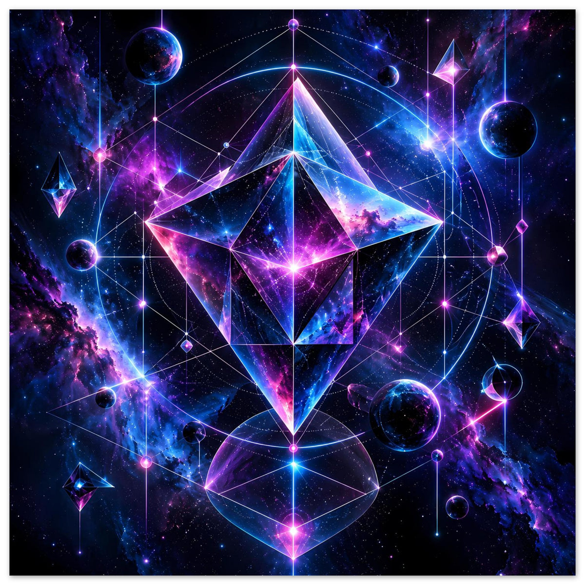 Poster mit Cosmic-Geometry-Motiv: großer Stern aus geometrischen Flächen, Planeten und Punkte