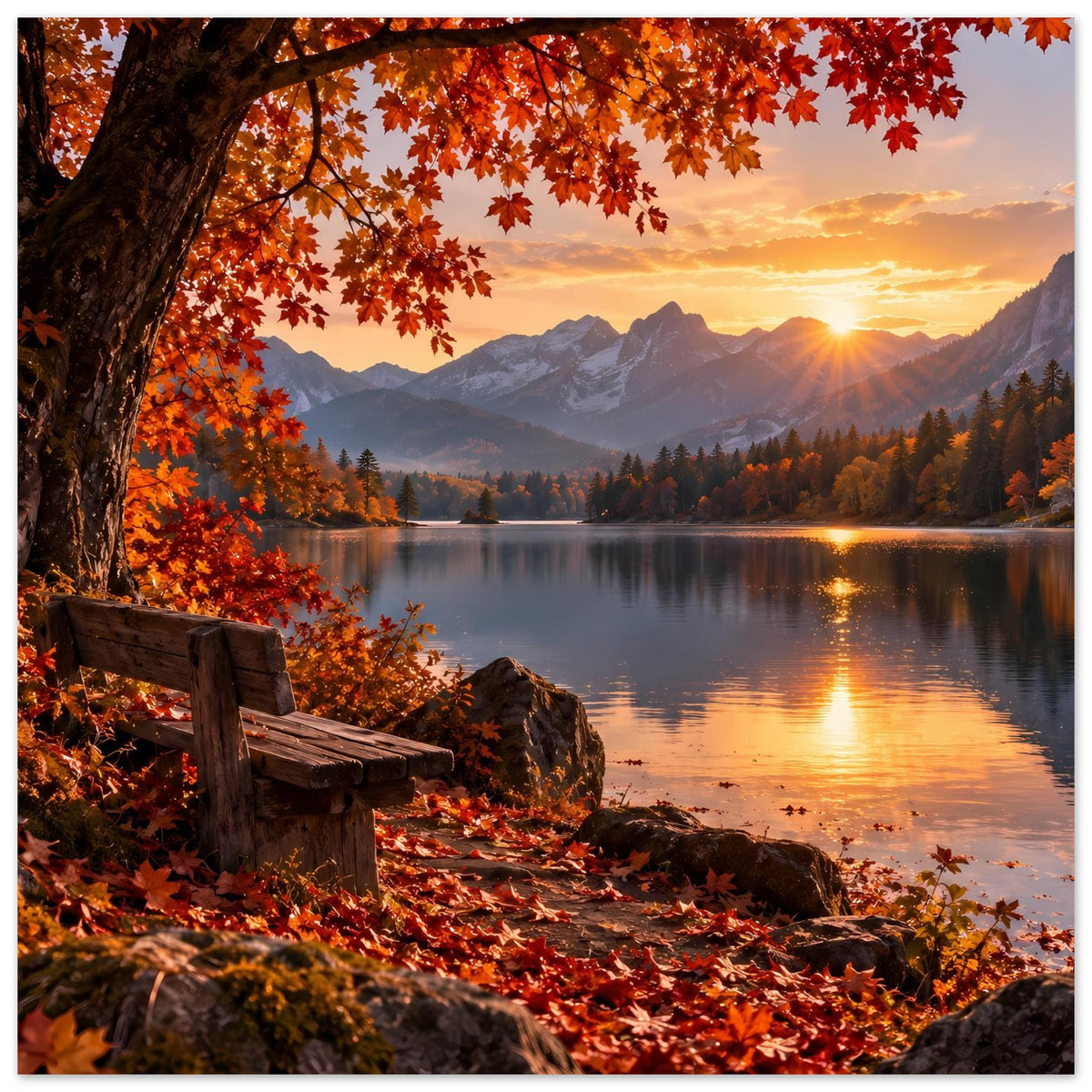 Herbstlandschaft-Poster: Seeufer mit Bank, Steinen, herbstlichem Laub und goldener Sonne