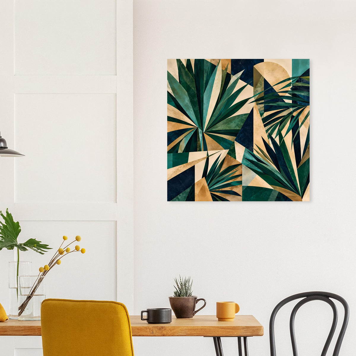 Quadratisches Kunstposter mit geometrischen tropischen Blättern in Grün- und Goldtönen