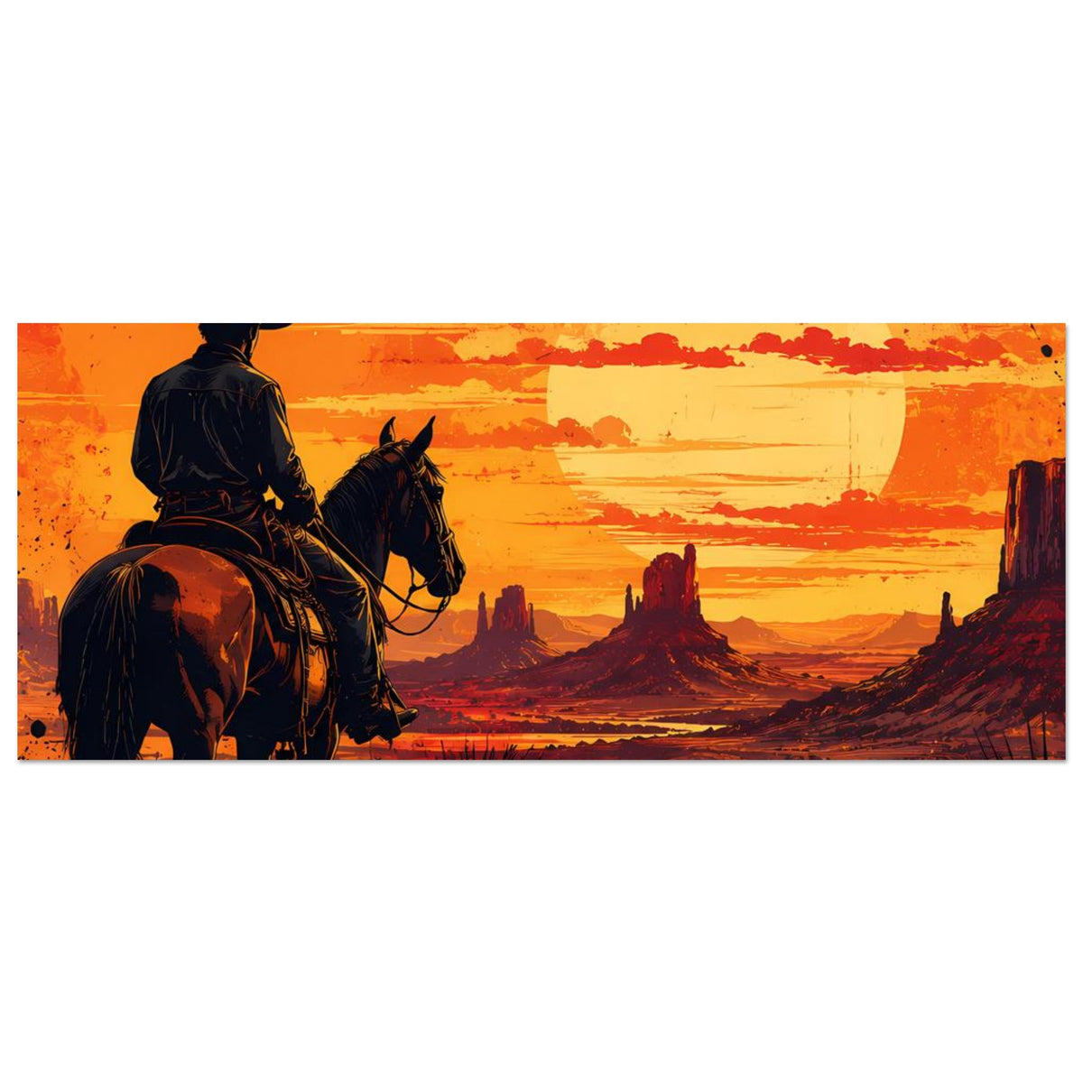 Cowboy-Poster im Querformat: Reiter und Pferd mit großer gelber Sonne am Wüstenhorizont