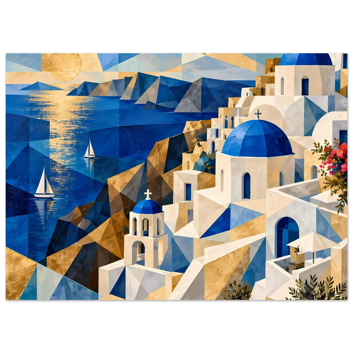Horizontales geometrisches Poster: blaues Meer, goldene Muster und Santorini-Kirche