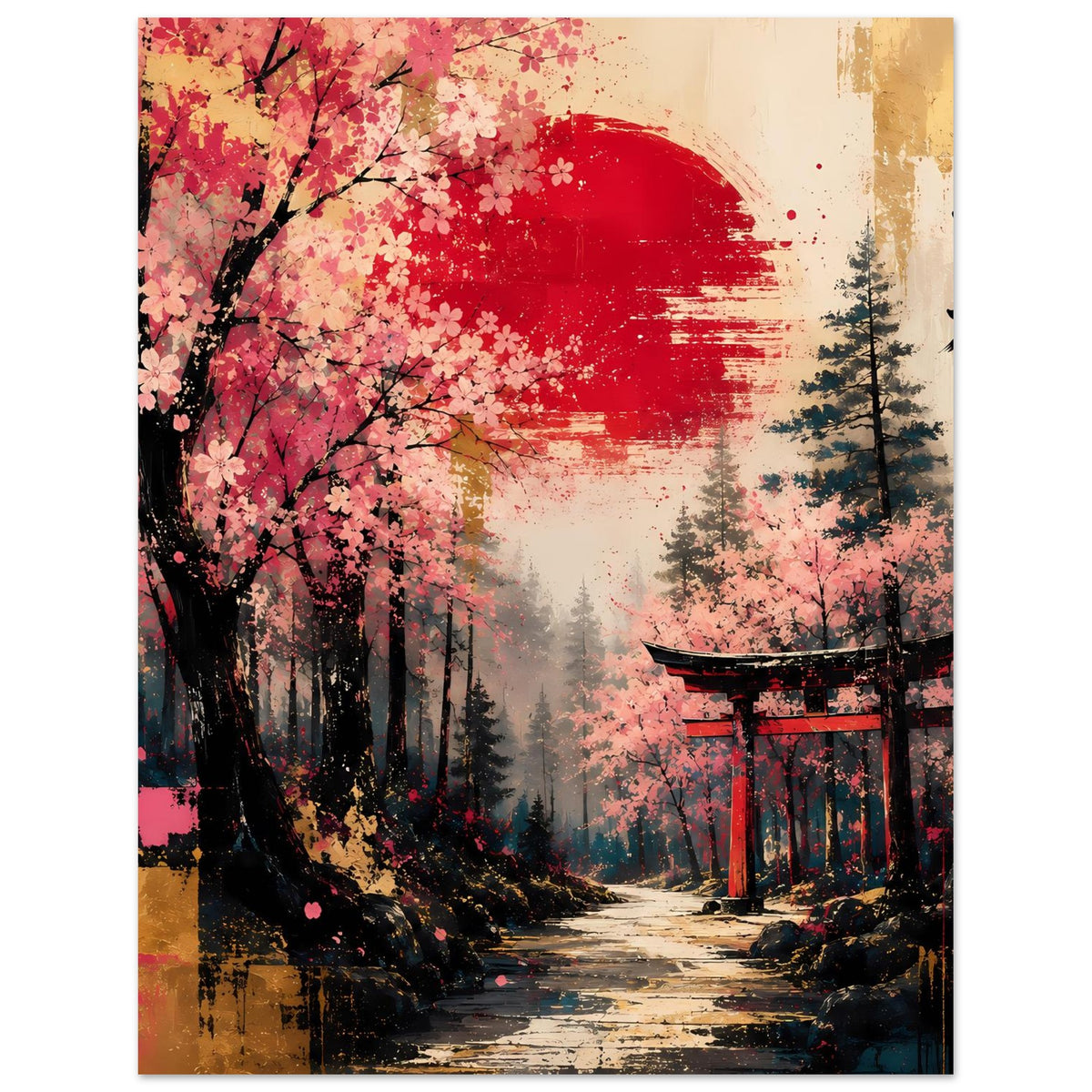 Poster im Hochformat: Kirschblütenallee mit Weg, roter Halbmondhintergrund und Torii