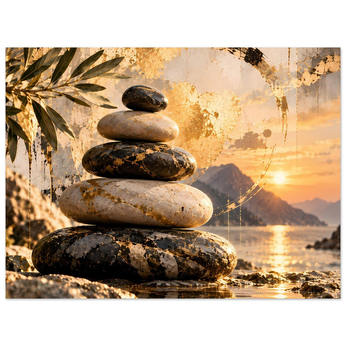Zen-Poster mit Stein-Stapel, Mandala-Kreis und spiegelnden Wasserreflexen bei Sonnenuntergang