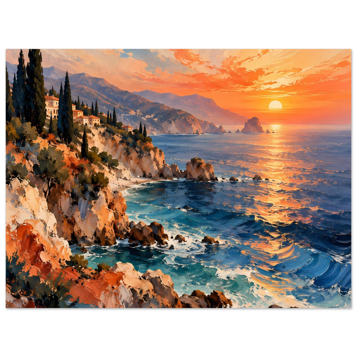 Küstenlandschaftsposter im Querformat mit Sonnenuntergang, Klippen und türkisblauem Meer