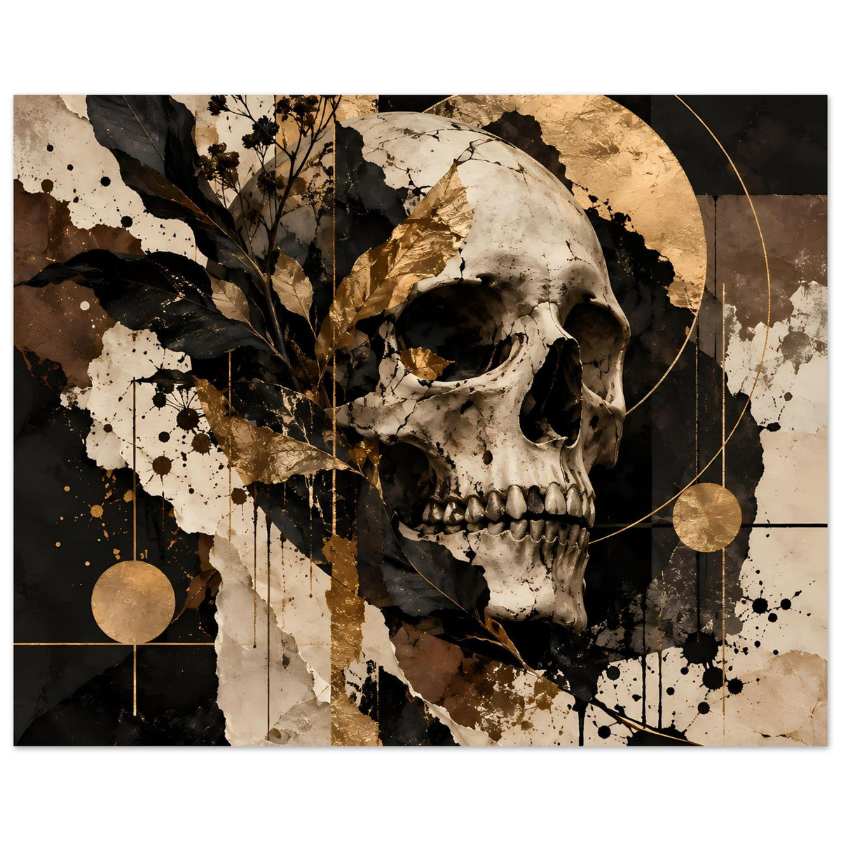 Kunstposter Totenschädel Schwarz-Gold, mit goldenen Kreisformen, Linien und Spritzflecken