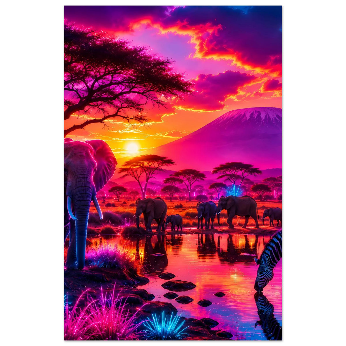 Neon-Safari-Poster im Hochformat: Elefanten links, Giraffe rechts, Zebra unten