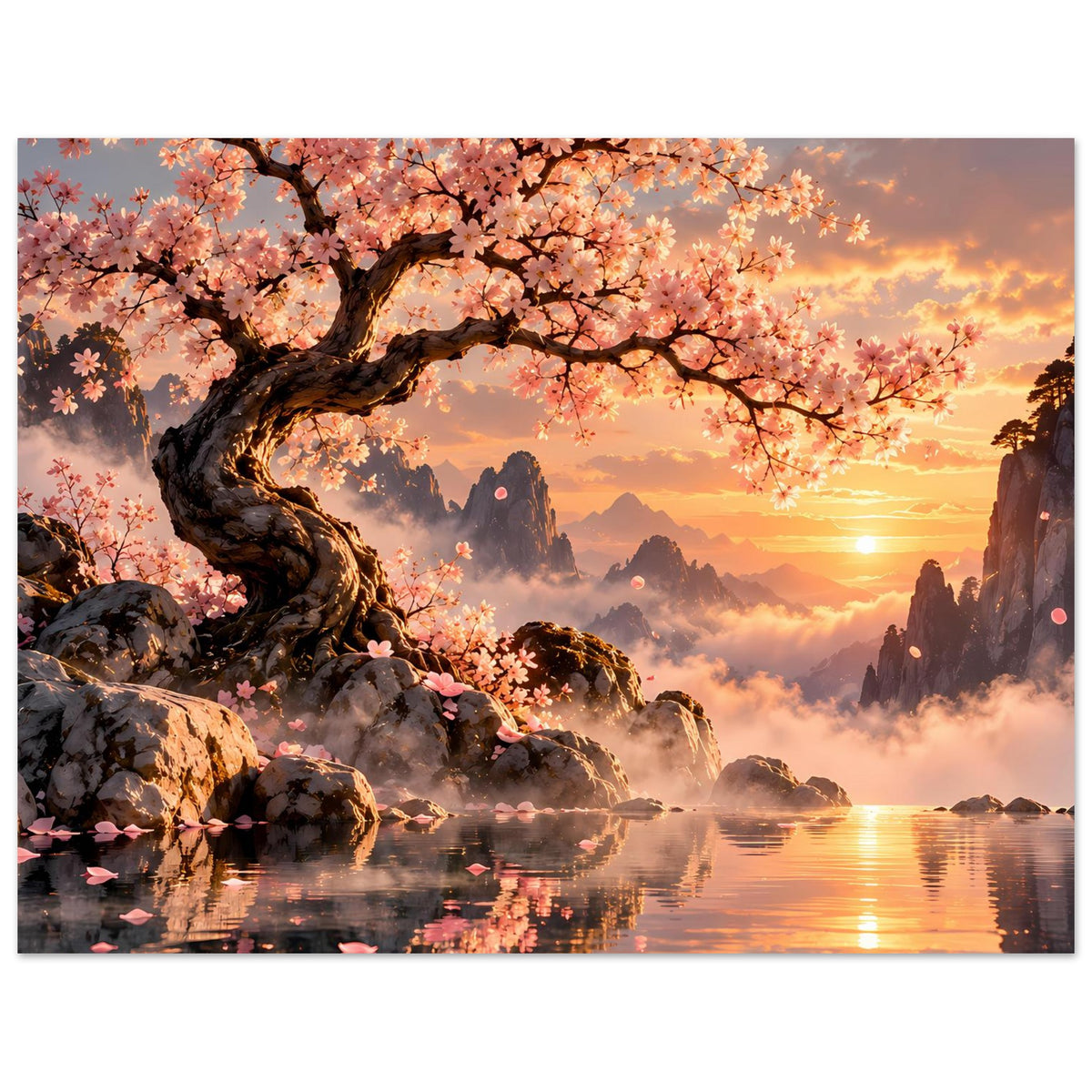Horizontales Poster mit Kirschblüten, Felsen und See, Sonne tief am Horizont, Reflexionen