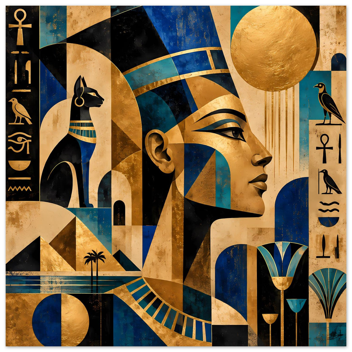 Ägyptisches Poster: Frauenprofil im Profil, geometrische Muster, goldene Ornamente und Blau