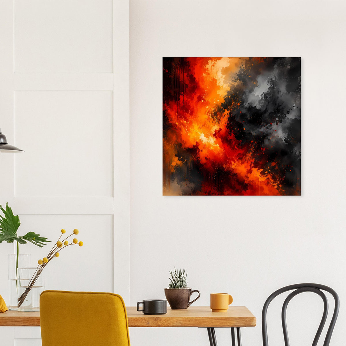 Quadratisches Poster mit Feuer- und Rauchmotiv, orange-roter Farbverlauf, schwarzgraue Rauchwolken