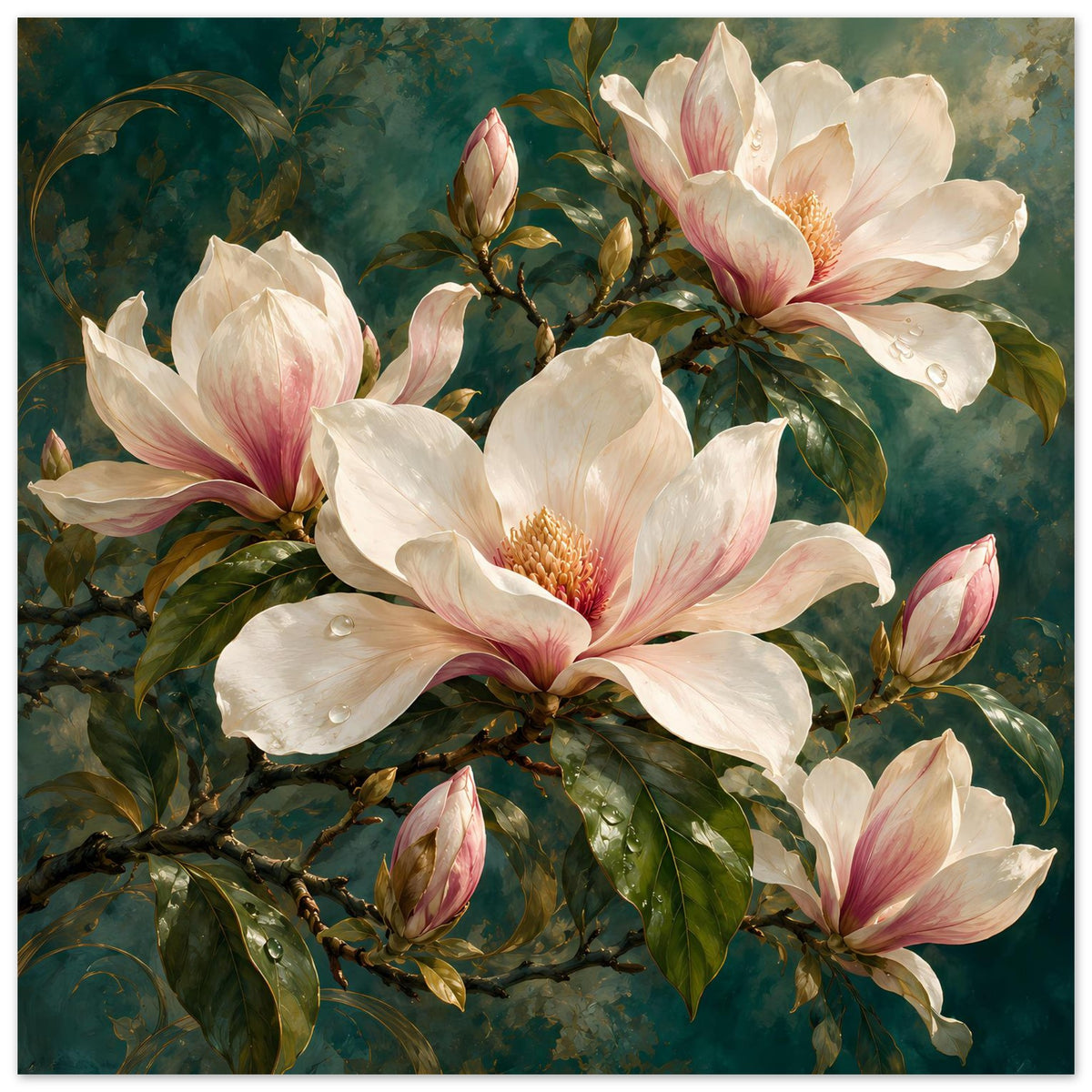 Blumenposter mit cremeweißen und rosafarbenen Magnolienblüten sowie grünen Blättern