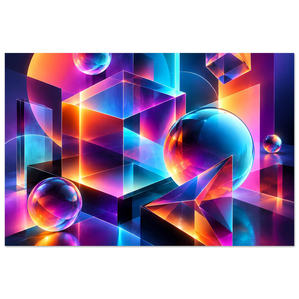 Neon-Geometrie-Poster im Querformat mit leuchtender Kugel, Prisma-Dreiecken und Neon-Kanten, Blau-Orange.