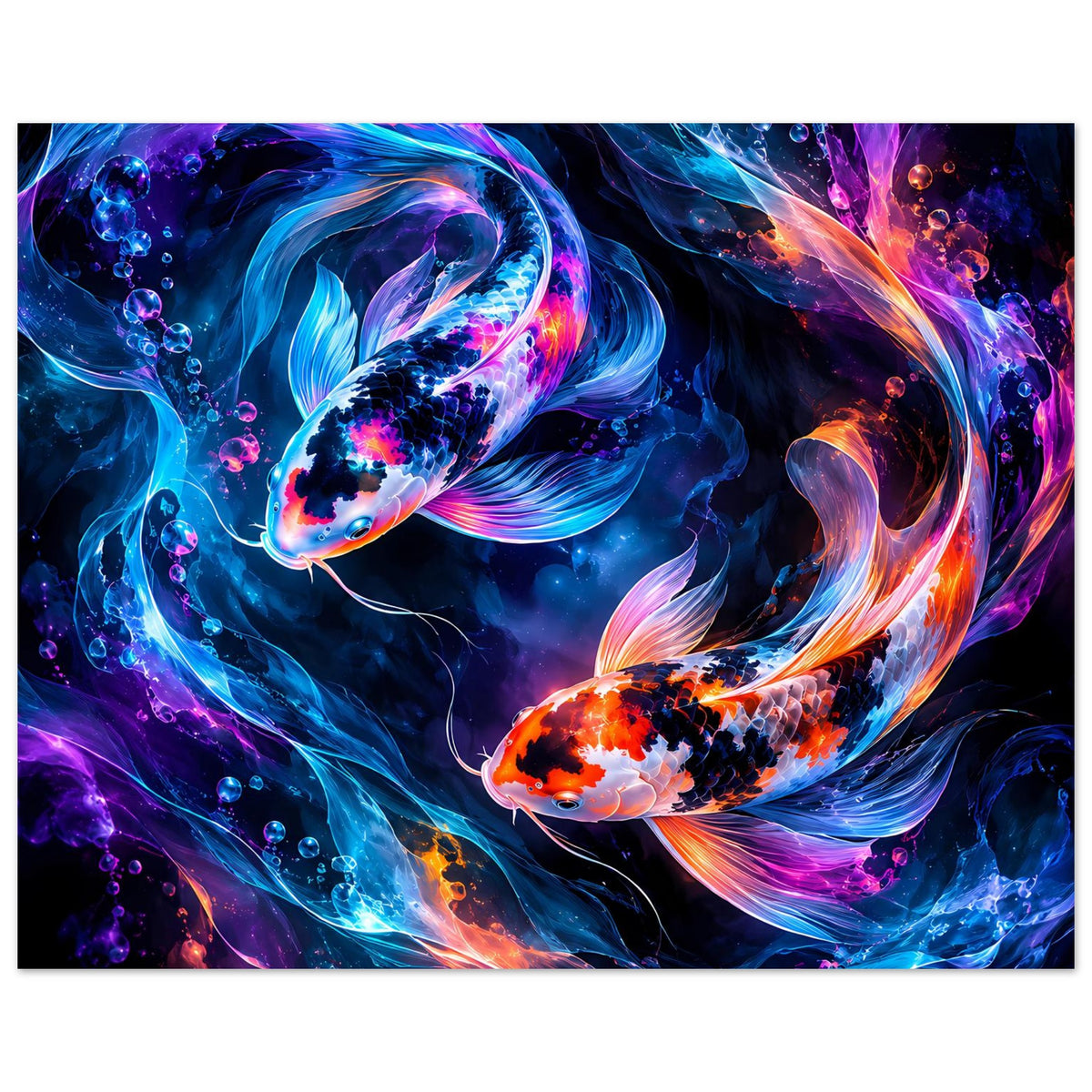 Querformat-Poster mit zwei Koi-Fischen, blau-orangen Lichtschweifen und Farbschwaden
