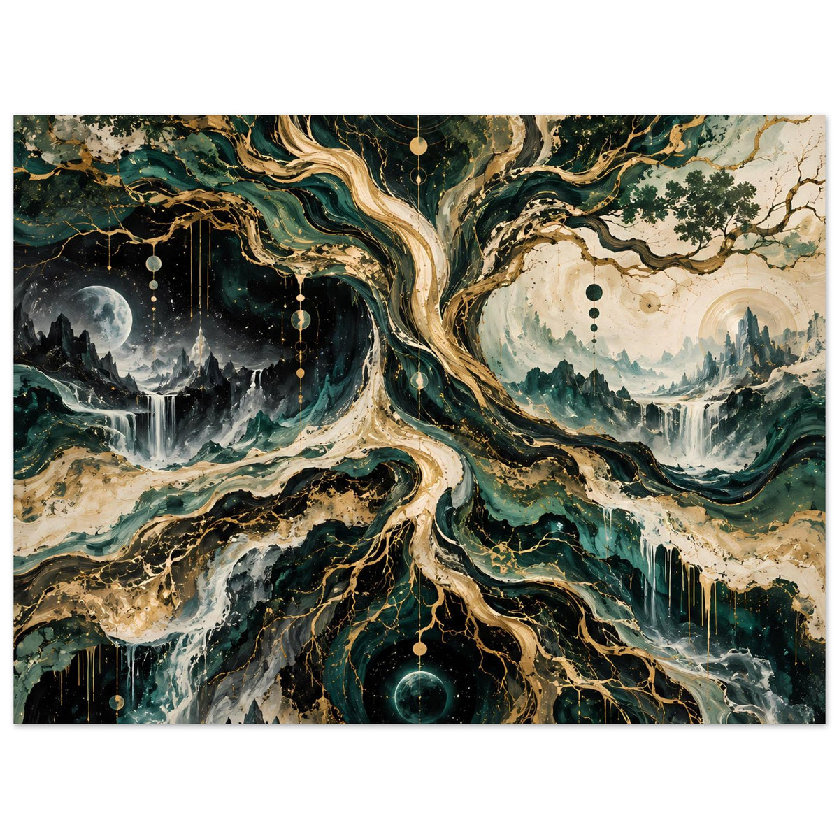 Wandposter mit kosmischem Baummotiv, runden Planeten-Optiken, Sternketten und Wasserfällen