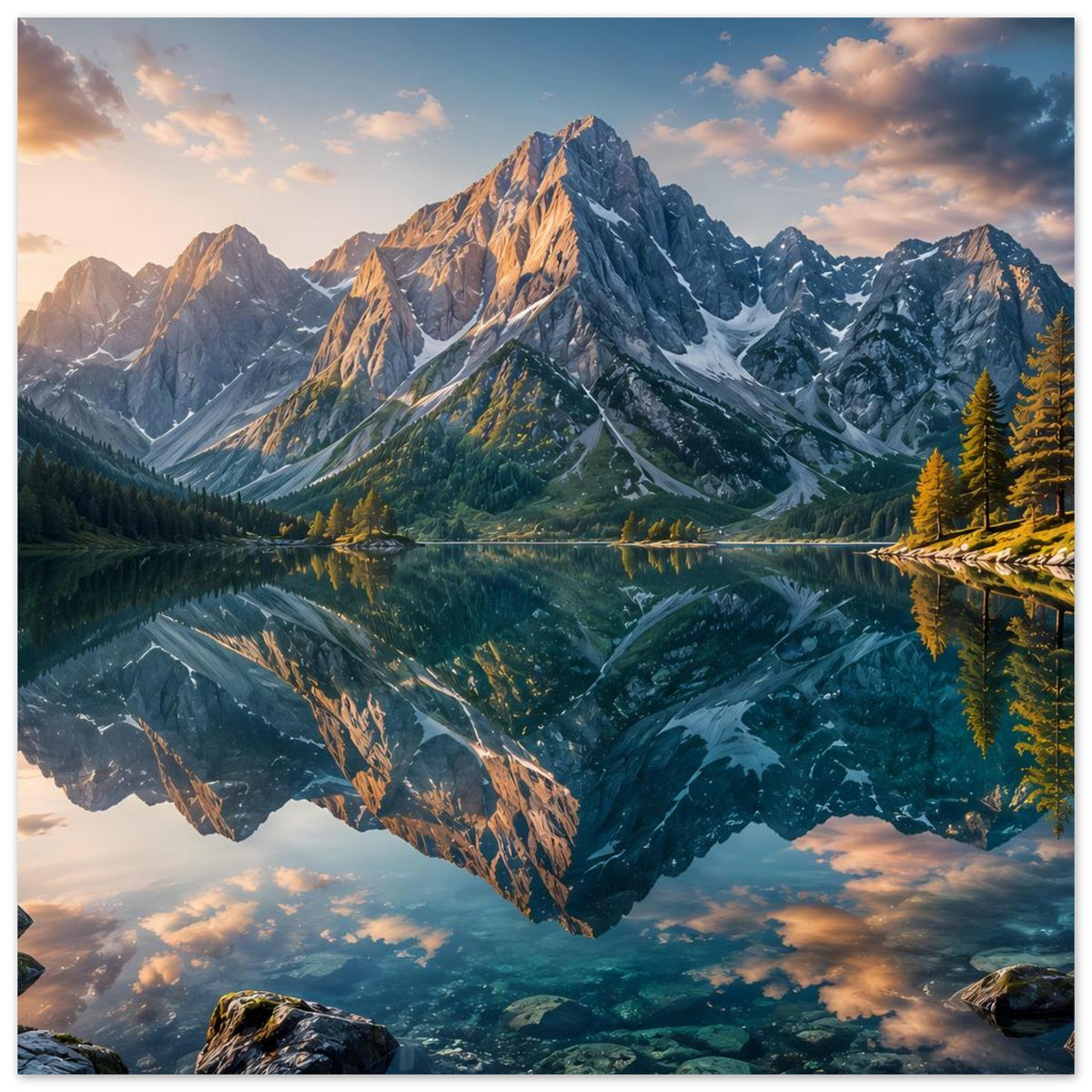 Querformatiges Landschaftsposter: Alpenpanorama mit spiegelndem See und Sonnenstrahlen