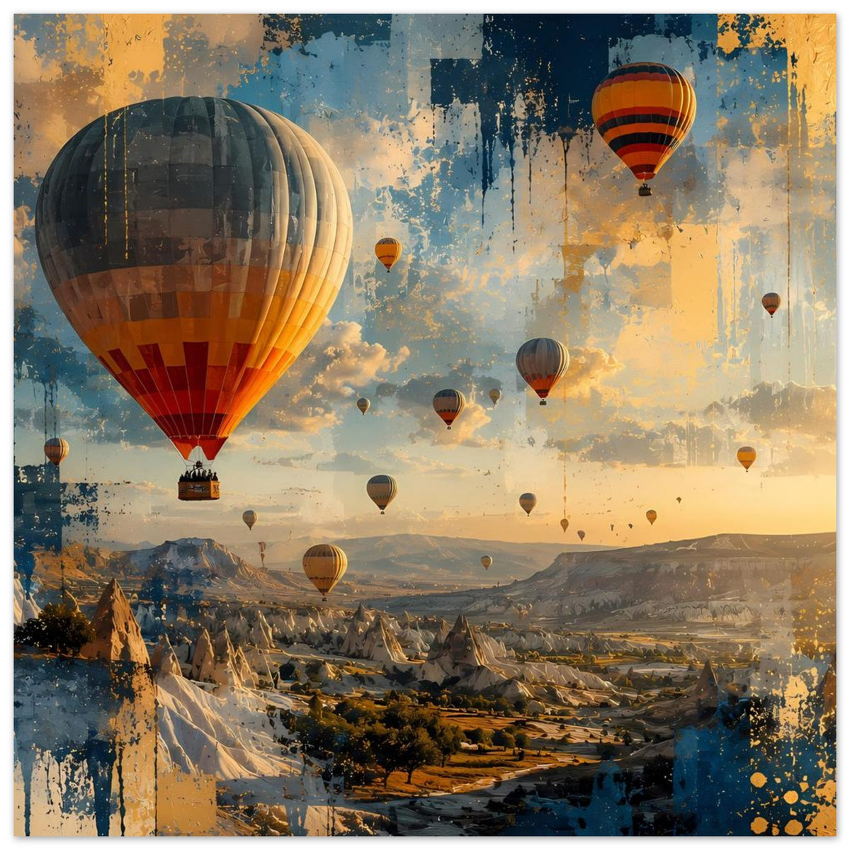 Poster mit Heißluftballons über Felslandschaft, abstraktes Vintage-Graffiti-Design, bunt