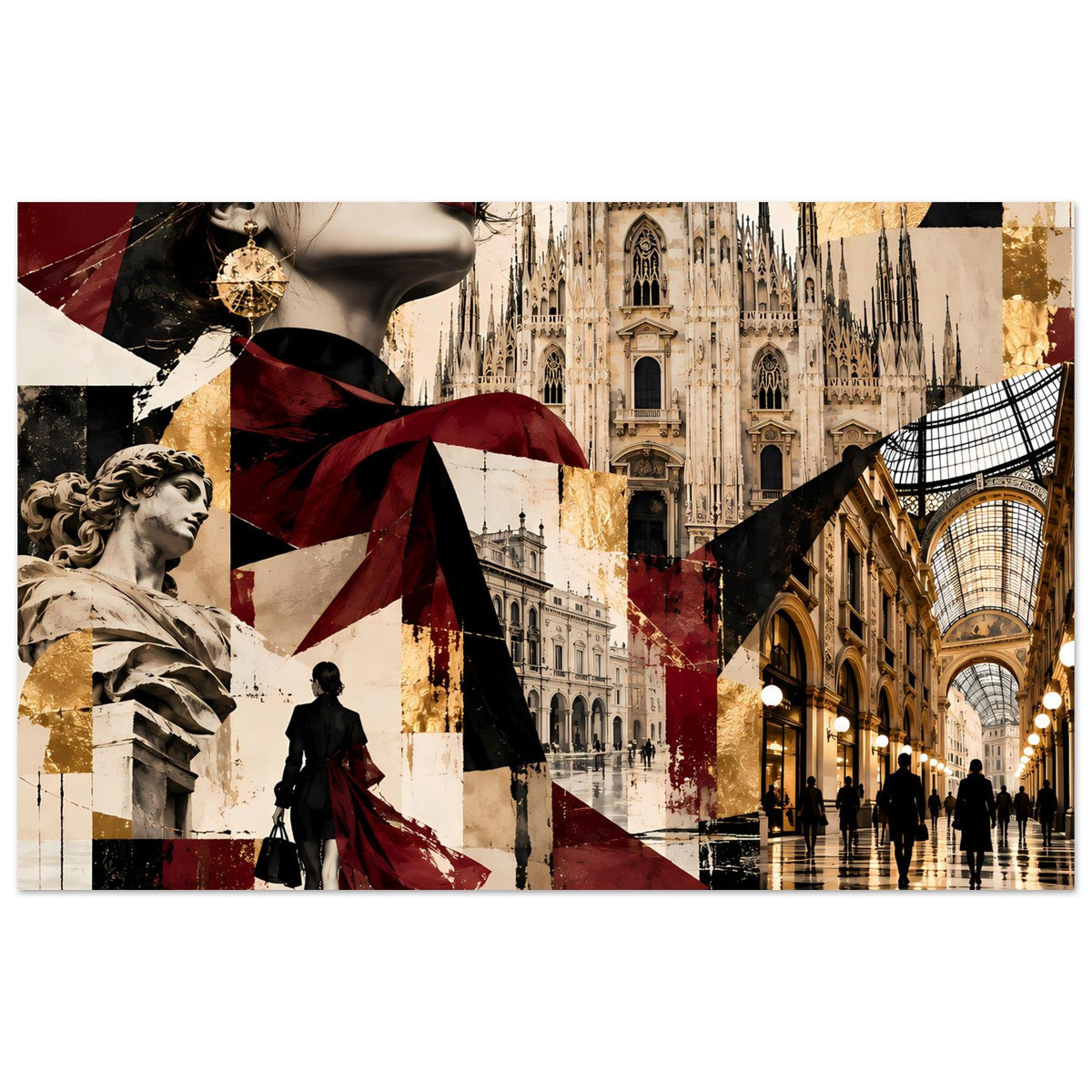 Horizontales Collage-Poster mit London-Motiv, Flaggen-Design in Burgund, Gold und Schwarz